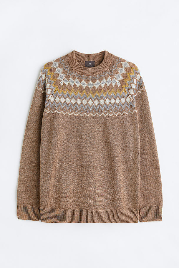 H&M Relaxed Fit Jacquard-knit Jumper Dark Beige/patterned