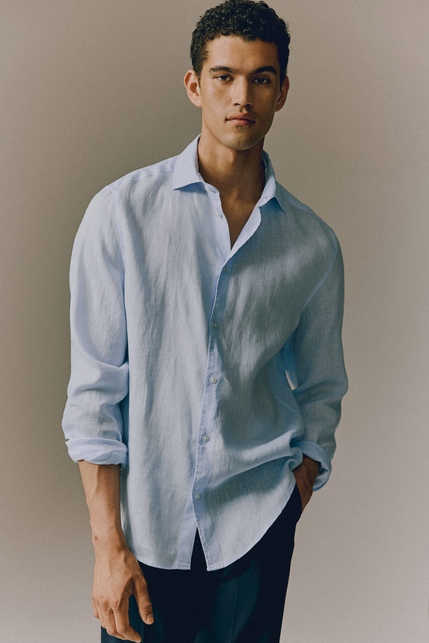 H&M Slim Fit Linen Shirt Light Blue