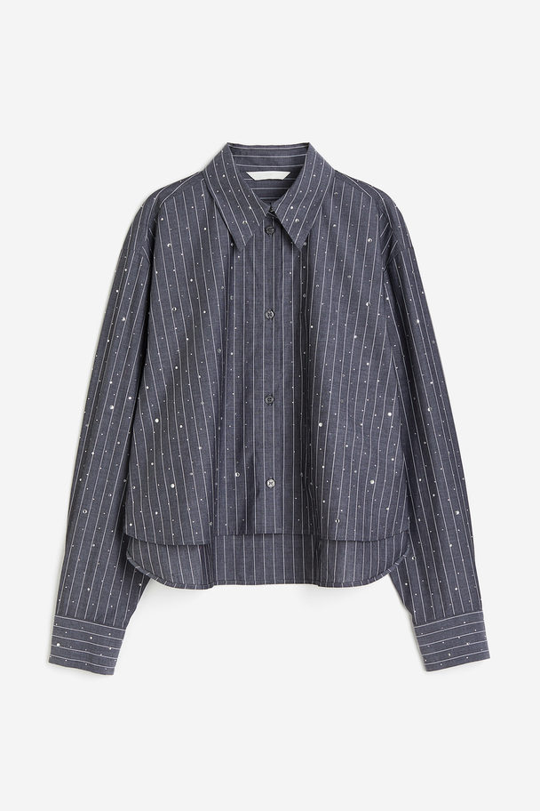H&M Rhinestone-embellished Shirt Dark Grey/pinstriped