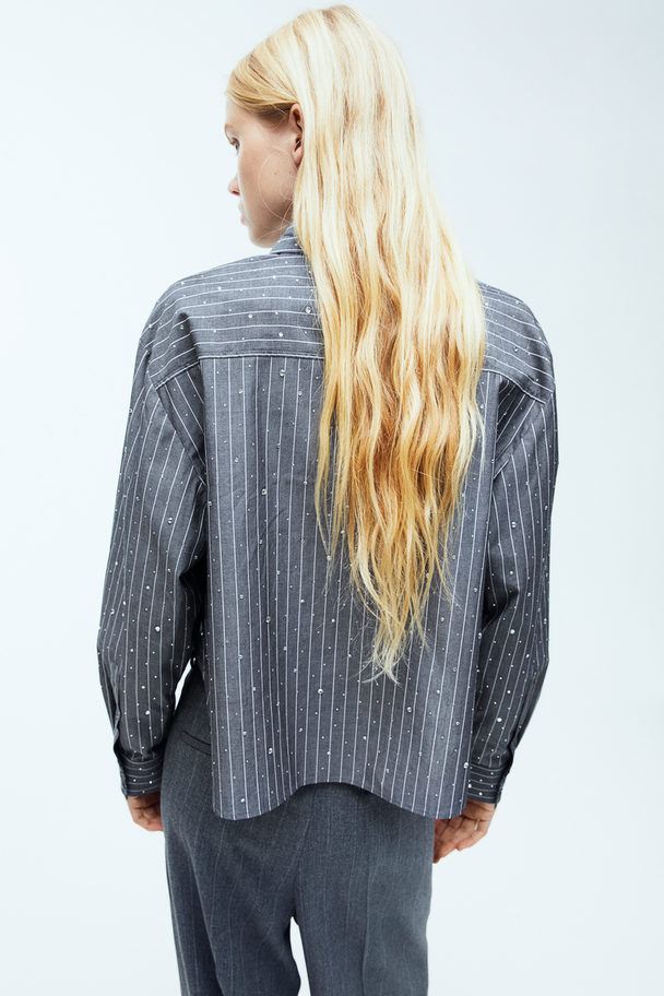H&M Rhinestone-embellished Shirt Dark Grey/pinstriped