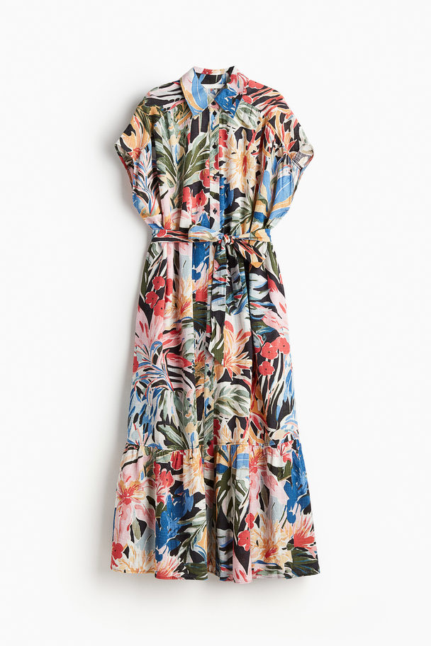 H&M Tie-belt Shirt Dress Black/floral