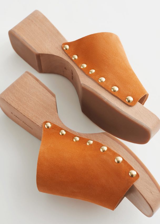 & Other Stories Studded Suede Wooden Clogs Orange