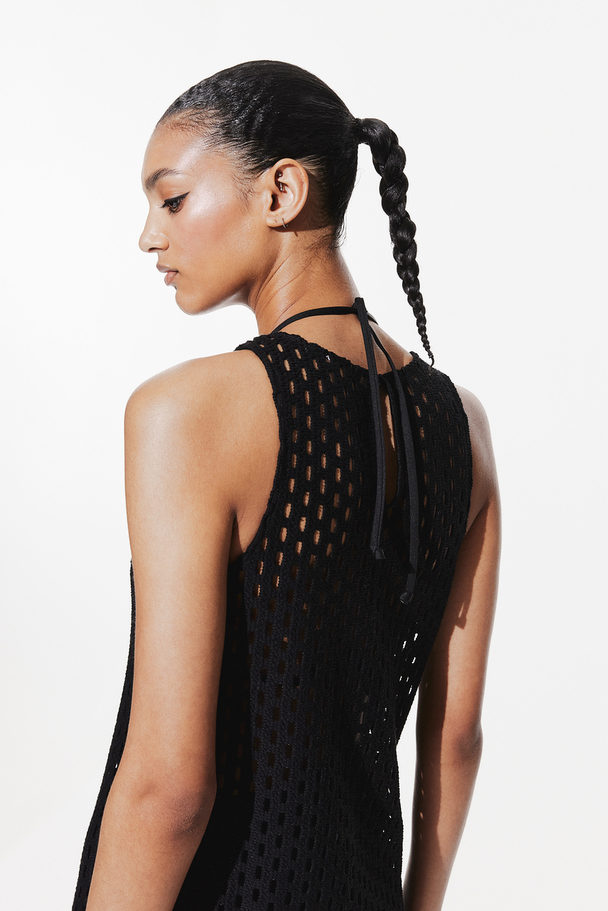 H&M Crochet-look Fringe-trimmed Knitted Dress Black