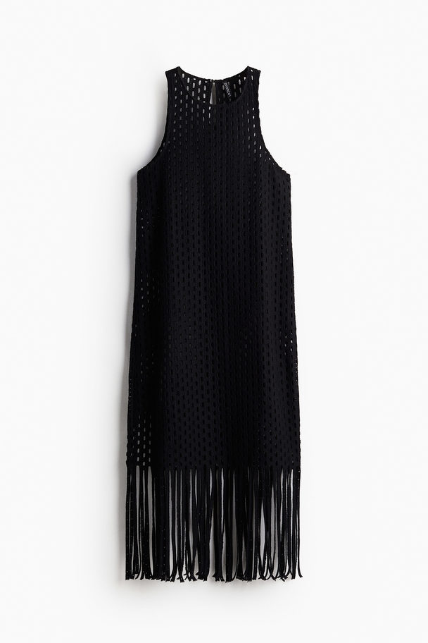 H&M Crochet-look Fringe-trimmed Knitted Dress Black