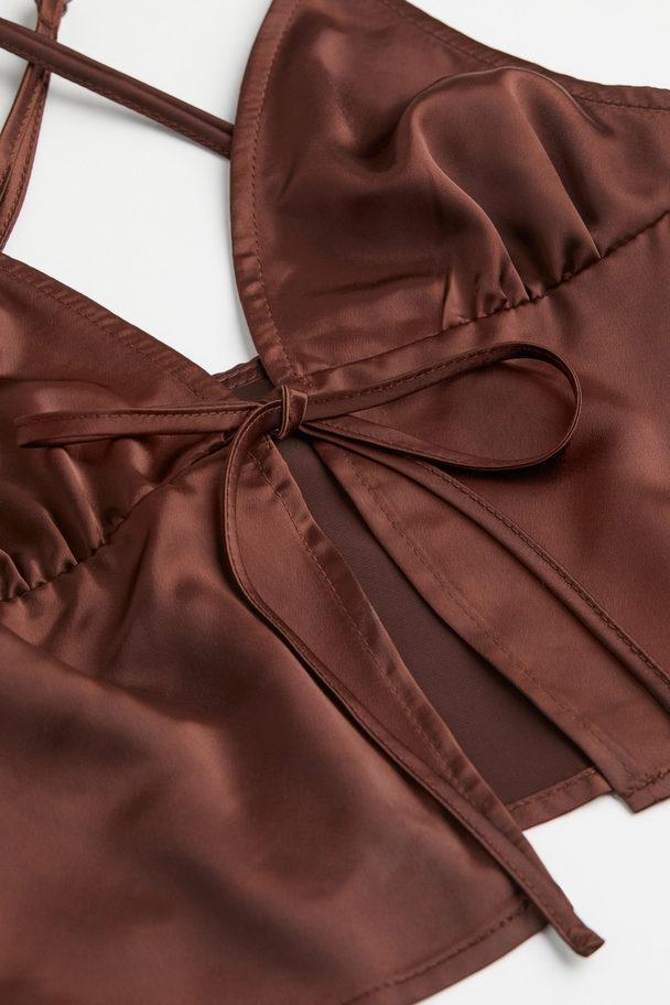 H&M Tie-detail Satin Top Dark Brown