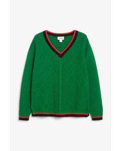 Green Cable Knit Sweater With Stripe Details Green With Striped Details