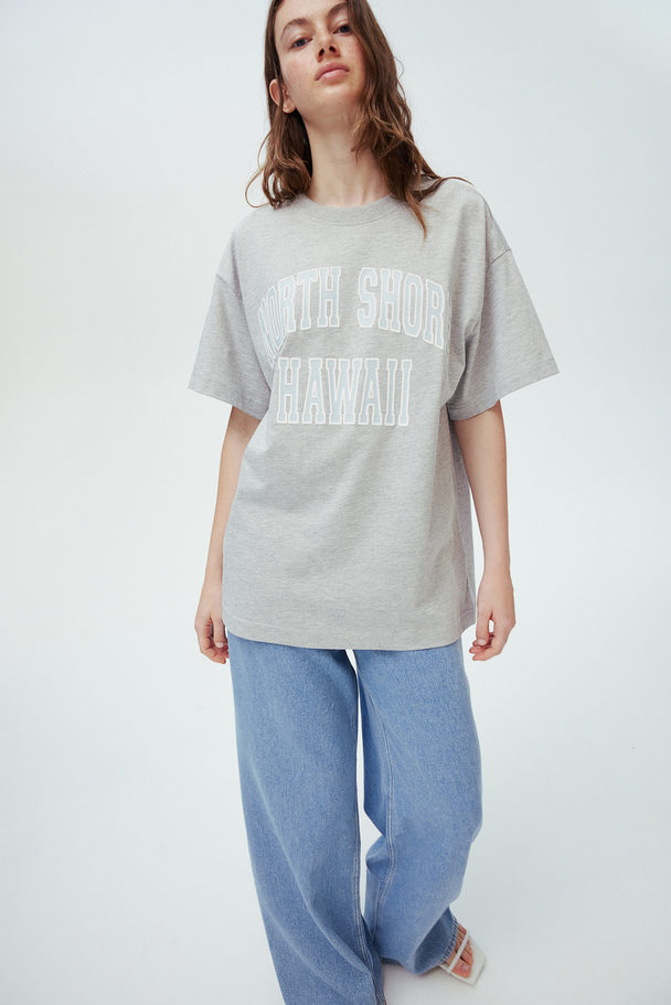 H&M Oversized T-shirt Med Trykk Lys Gråmelert/hawaii