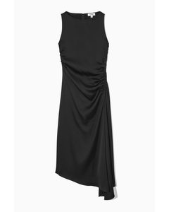 Asymmetric Gathered Satin Midi Dress Black