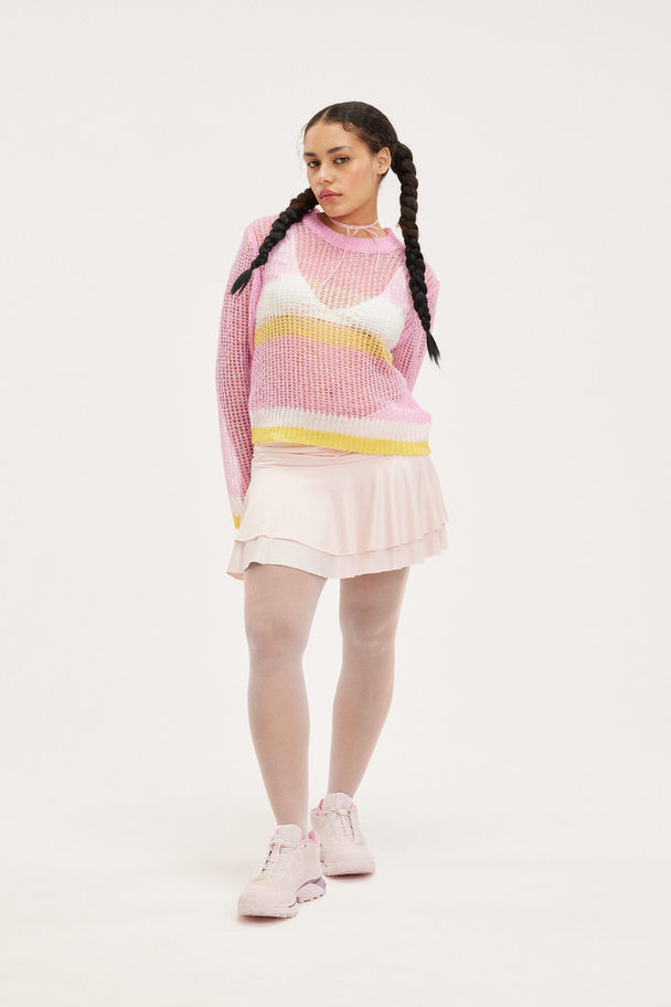 Monki Oversized Sheer Knitted Sweater Light Pink & White