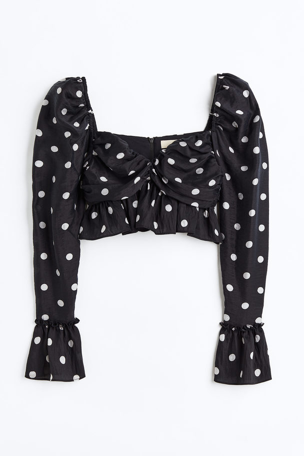 H&M Puff-sleeved Cropped Peplum Blouse Black/spotted