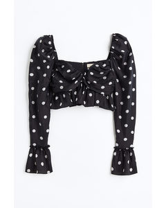 Puff-sleeved Cropped Peplum Blouse Black/spotted