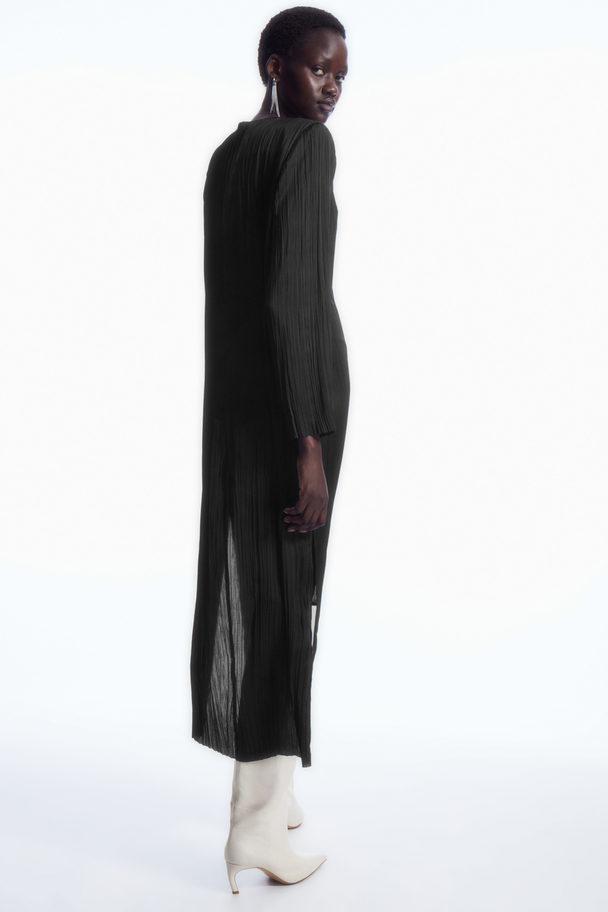 COS Long-sleeved Plissé Midi Dress Black