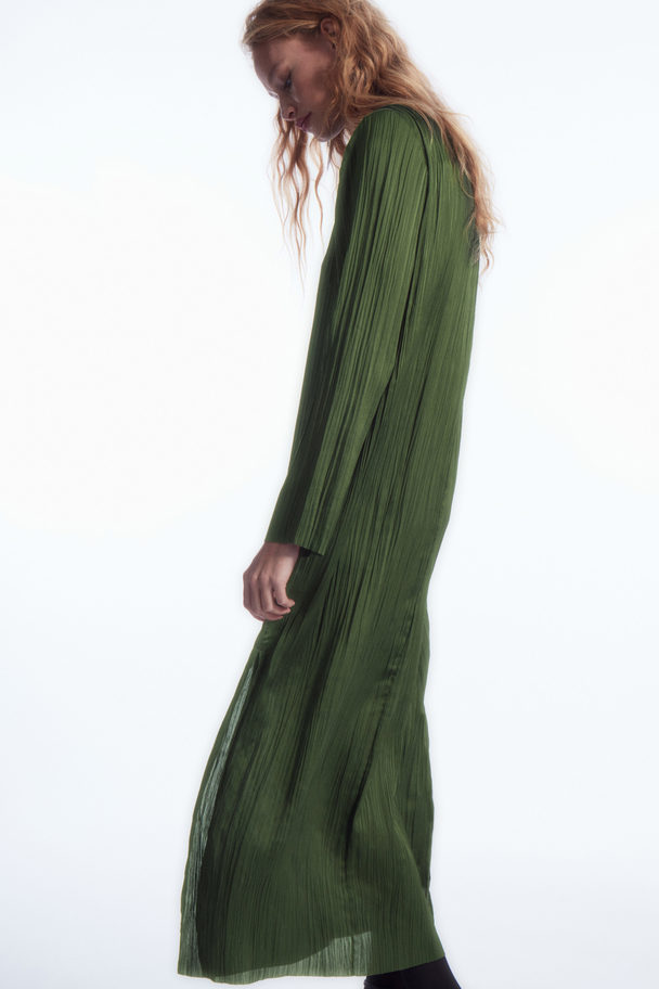 COS Long-sleeved Plissé Midi Dress Dark Green