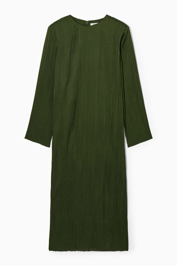 COS Long-sleeved Plissé Midi Dress Dark Green