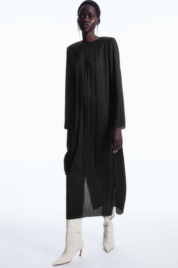 COS Long-sleeved Plissé Midi Dress Black