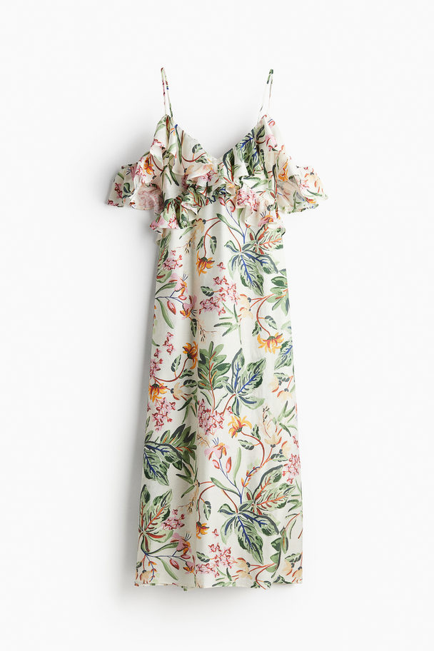 H&M Cold-Shoulder-Kleid mit Volant Cremefarben/Geblümt