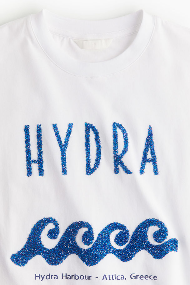 H&M T-Shirt mit Motivprint Weiß/Hydra Harbour