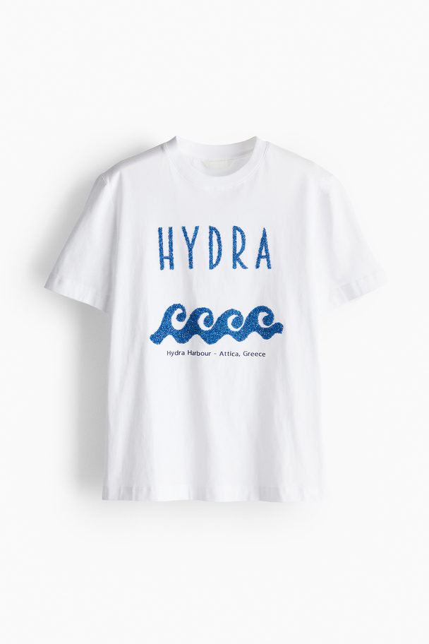 H&M T-Shirt mit Motivprint Weiß/Hydra Harbour