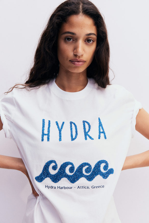 H&M T-Shirt mit Motivprint Weiß/Hydra Harbour