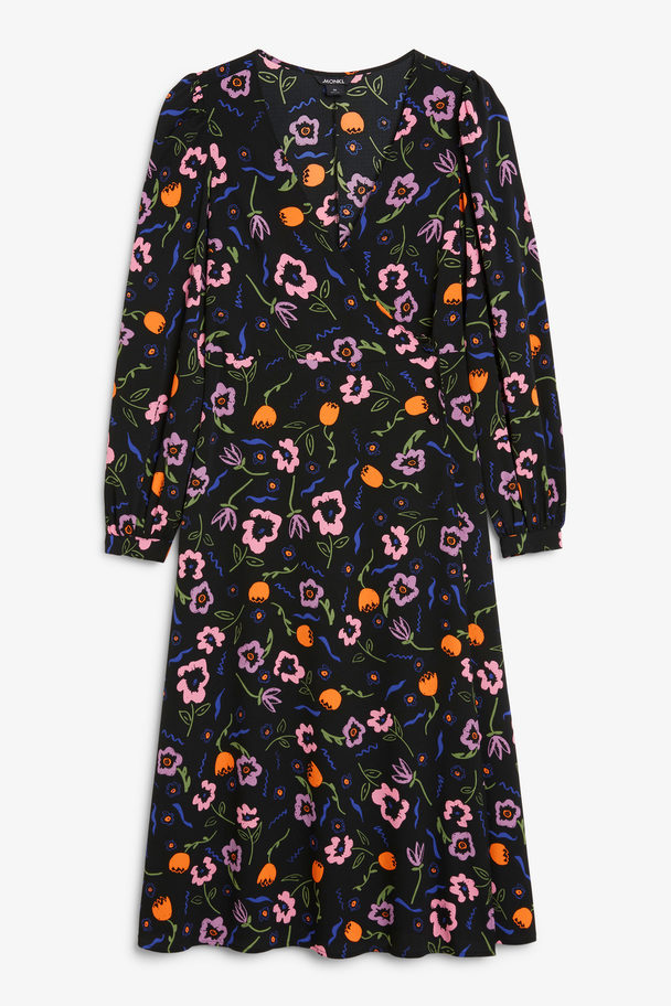 Monki Langärmeliges Kleid, V-Ausschnitt, Schwarz Blumen-Konfetti-Print schwarz