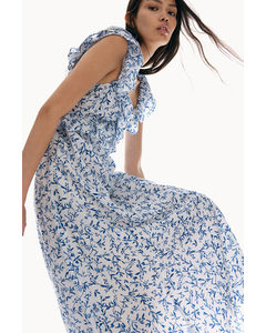 Midi-jurk Met Volants Wit/blauwe Bloemen