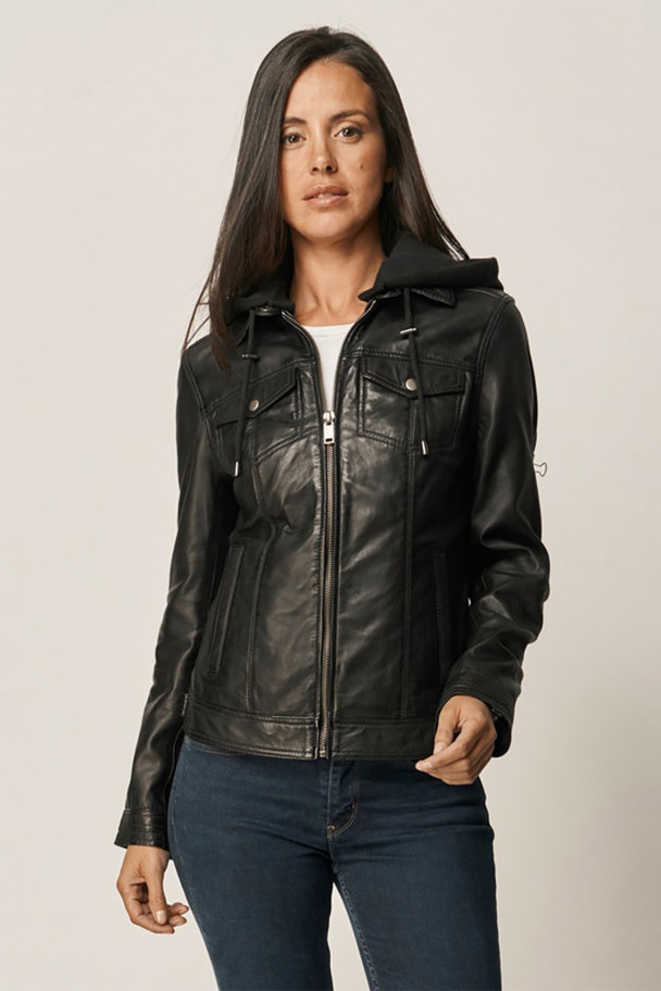 Lee Cooper Hooded Leather Jacket Benedeton Baya