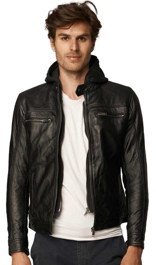 Lee Cooper Hooded Leather Jacket Bernez