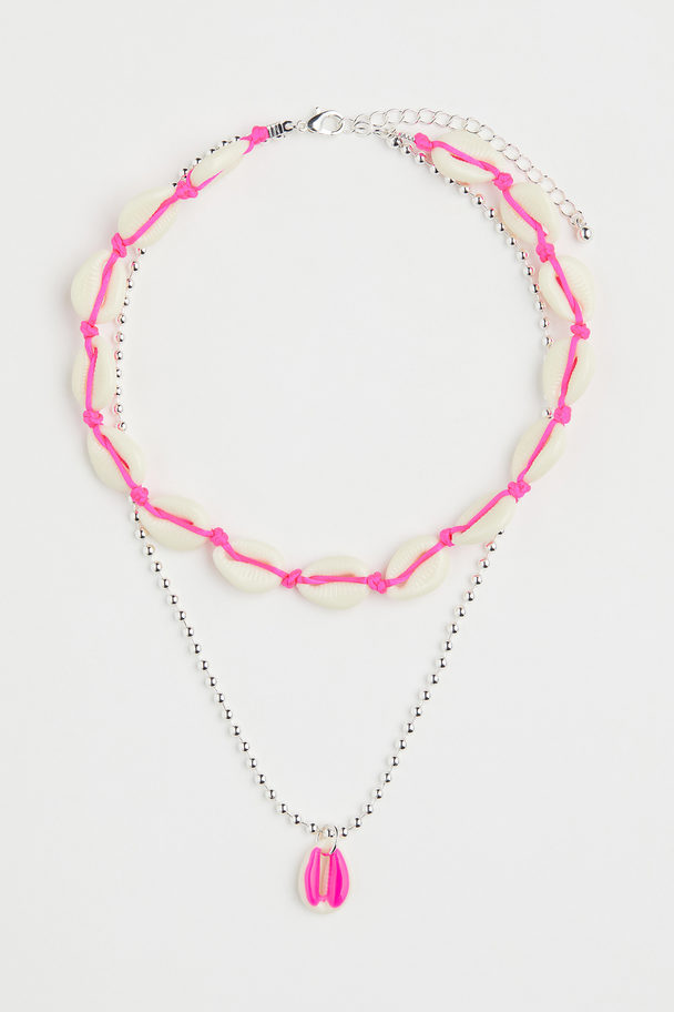 H&M Two-strand Beaded Necklace Silver-coloured/cerise