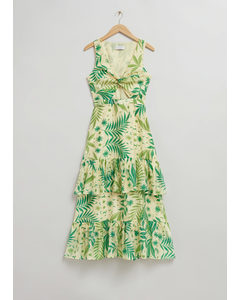 Gelaagde Midi-jurk Met Gedraaide Voorkant Groene Botanische Print
