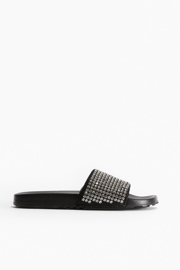 H&M Badslippers Met Stras Zwart/stras