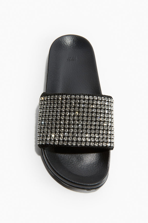 H&M Badslippers Met Stras Zwart/stras