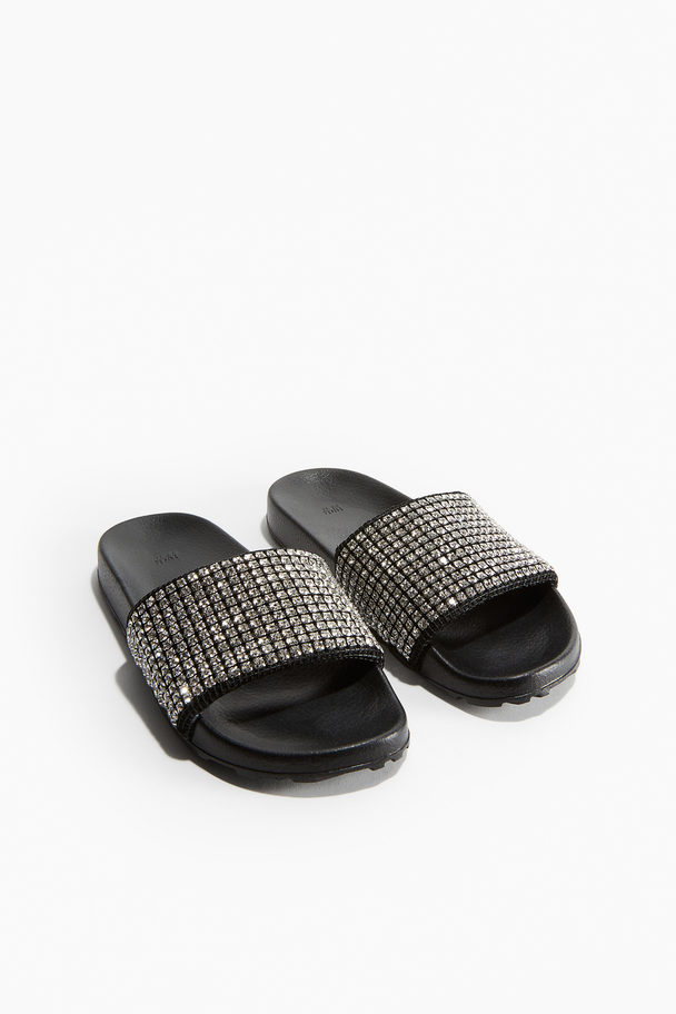 H&M Badslippers Met Stras Zwart/stras