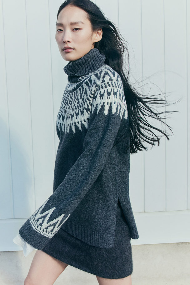 H&M Jacquard-knit Polo-neck Jumper Dark Grey/patterned