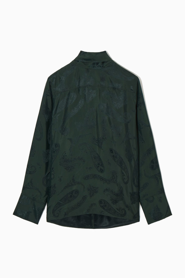 COS Floral-jacquard Bow Blouse Dark Green / Floral