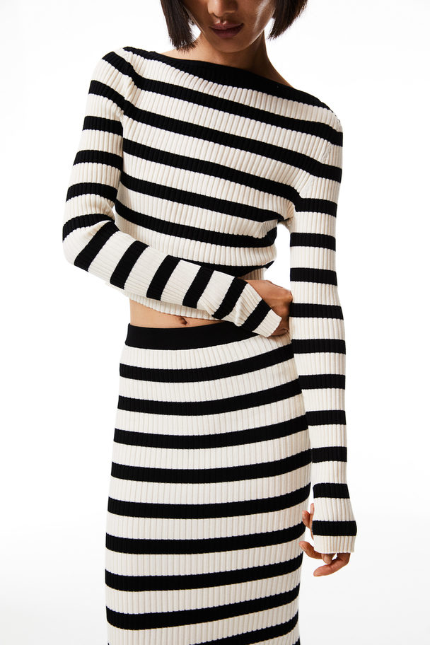 H&M Rib-knit Cropped Top Cream/black Striped