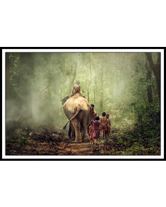 Children Walking With Elephant In The Forrest