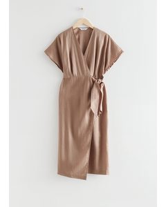 Linen Wrap Midi Dress Brown