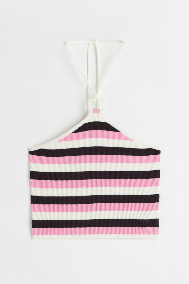 H&M Rib-knit Halterneck Top Pink/striped