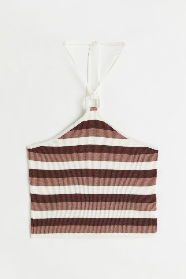 H&M Rib-knit Halterneck Top Brown/striped