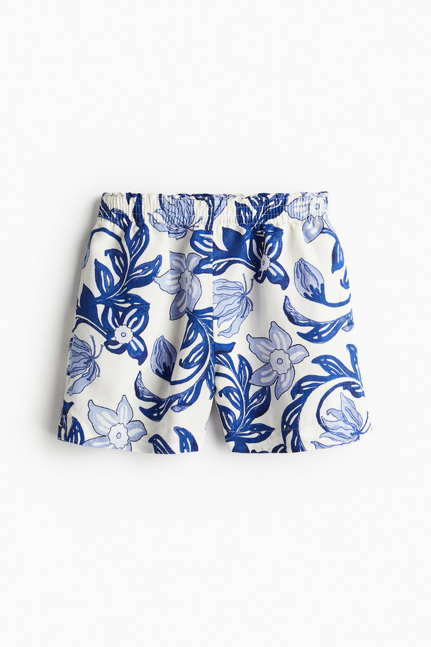 H&M Linen-blend Pull-on Shorts White/blue Floral
