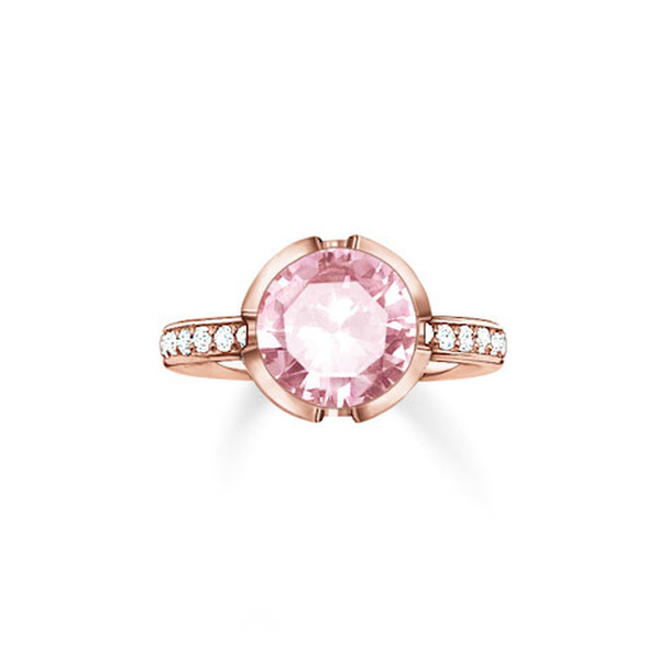 Thomas Sabo Solitaire Ring Signature Line Pink Pavé Large 925 Sterling Silver, 18k Rose Gold Plating