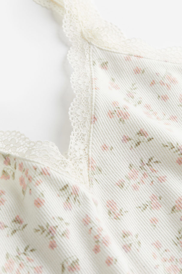 H&M Nachthemd Met Kanten Biesjes Wit/bloemen