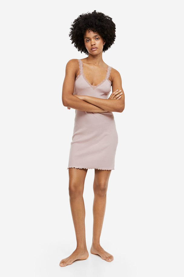 H&M Lace-trimmed Ribbed Nightslip Powder Pink