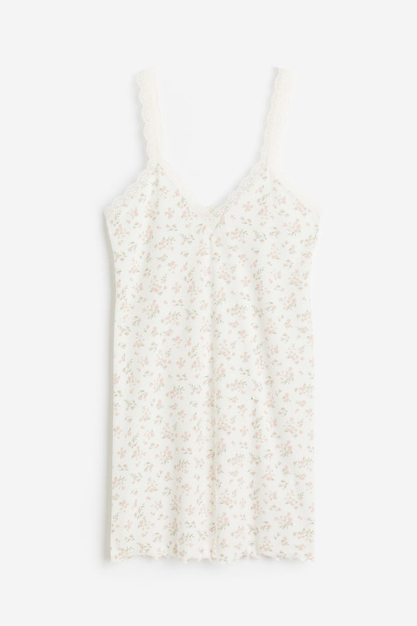 H&M Geripptes Nachthemd mit Spitzenbesatz Weiß/Geblümt