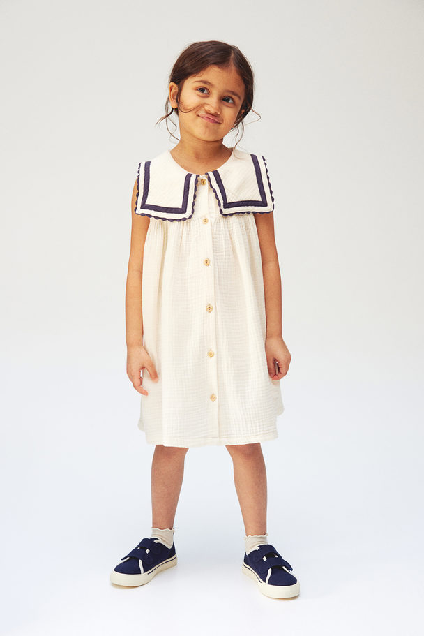 H&M Collared Cotton Dress Cream/navy Blue