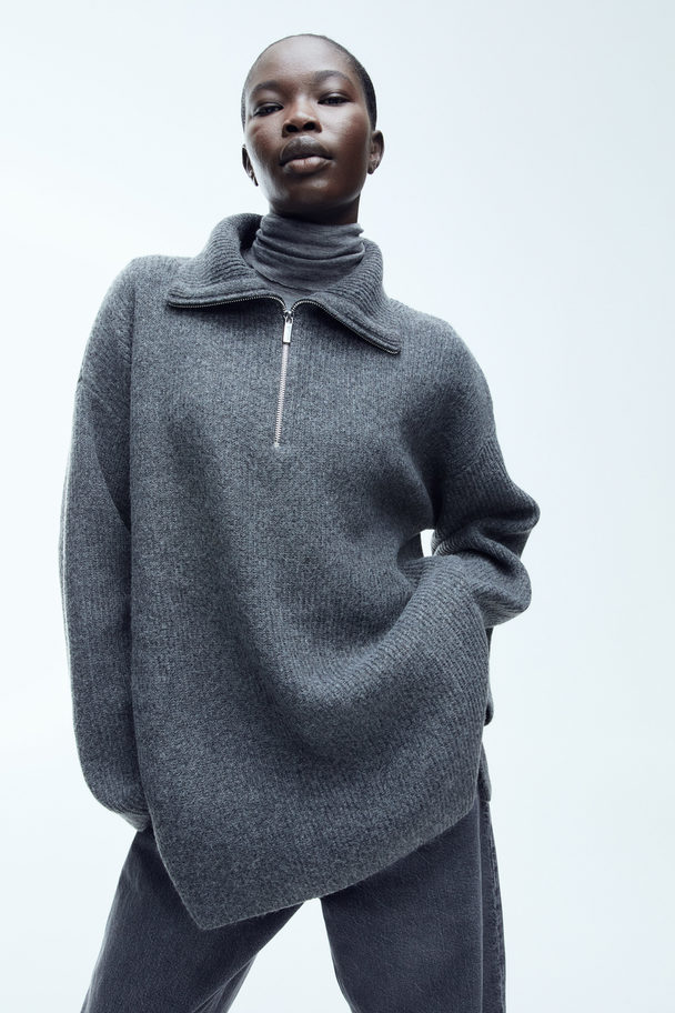 H&M Zip-top Rib-knit Jumper Dark Grey