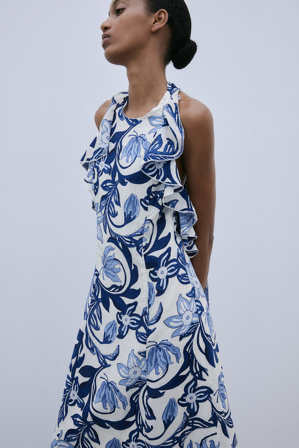 H&M Halterneckklänning Med Volangkant Vit/blåblommig