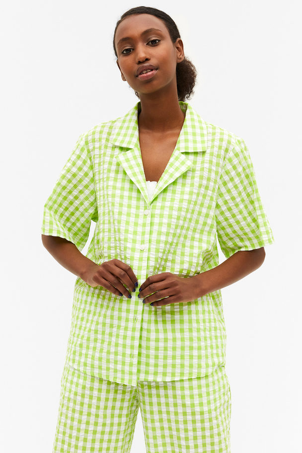 Monki Gingham Seersucker Resort Shirt Lime Green Gingham