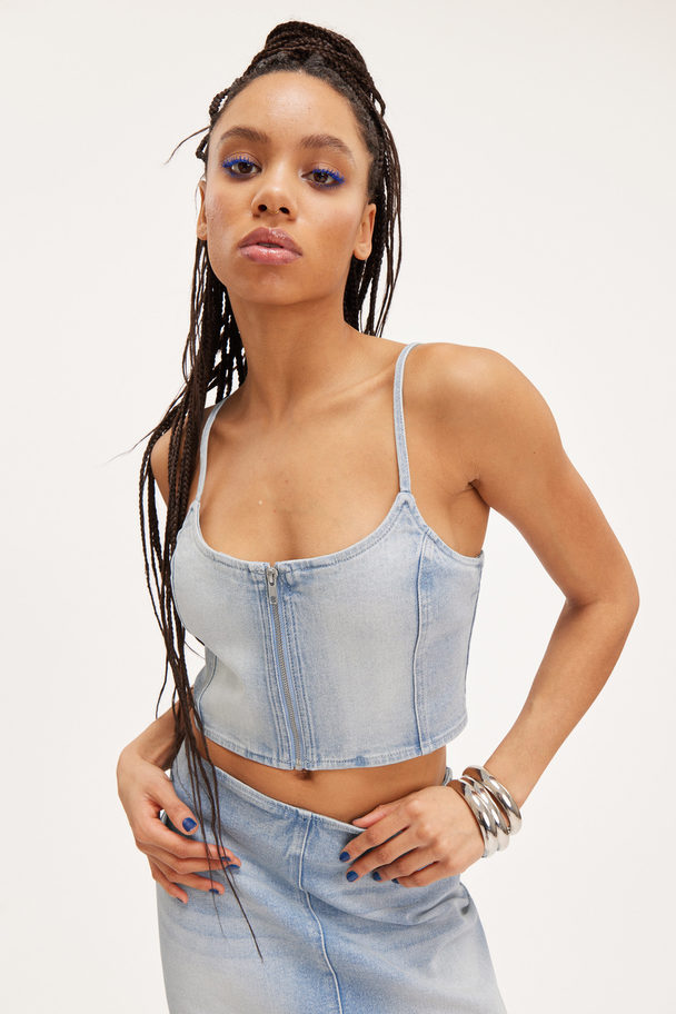 Monki Cropped Denim Zip-up Top Rad Blue