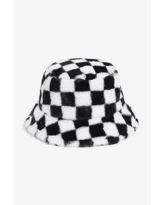 Faux Fur Bucket Hat Checkerboard